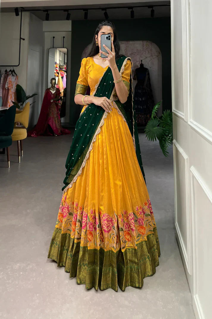 Elegant Cotton Silk Lehenga with Thread Embroidery and Sequins Embroidered Georgette Dupatta