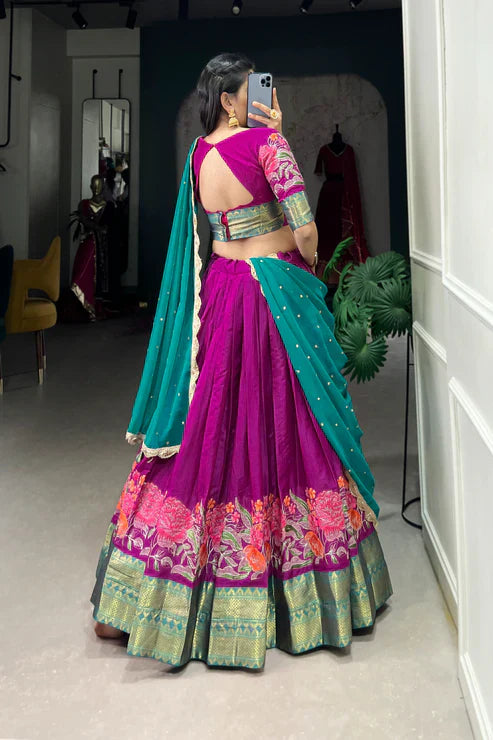 Cotton Silk Lehenga with Thread Embroidery and Sequined Dupatta
