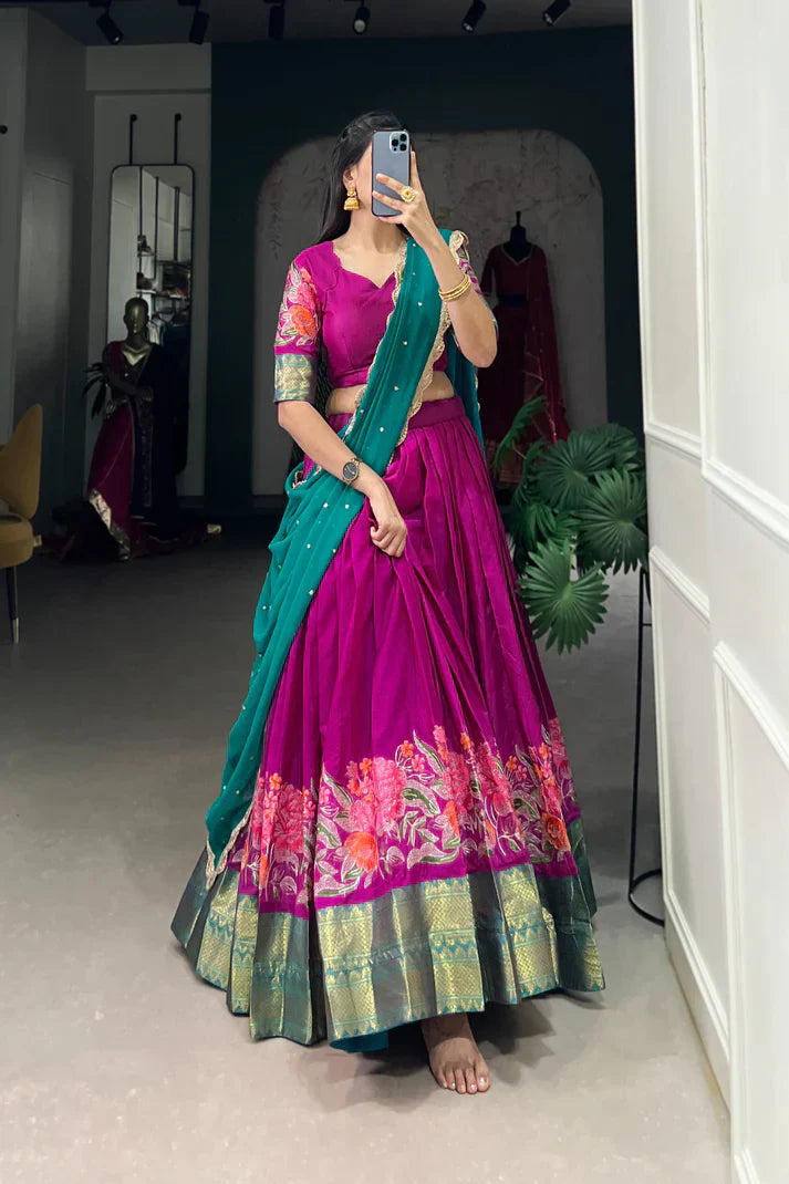 Cotton Silk Lehenga with Thread Embroidery and Sequined Dupatta