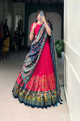 Elegant Tussar Silk Lehenga with Foil Print and Gotta Patti Lace Dupatta