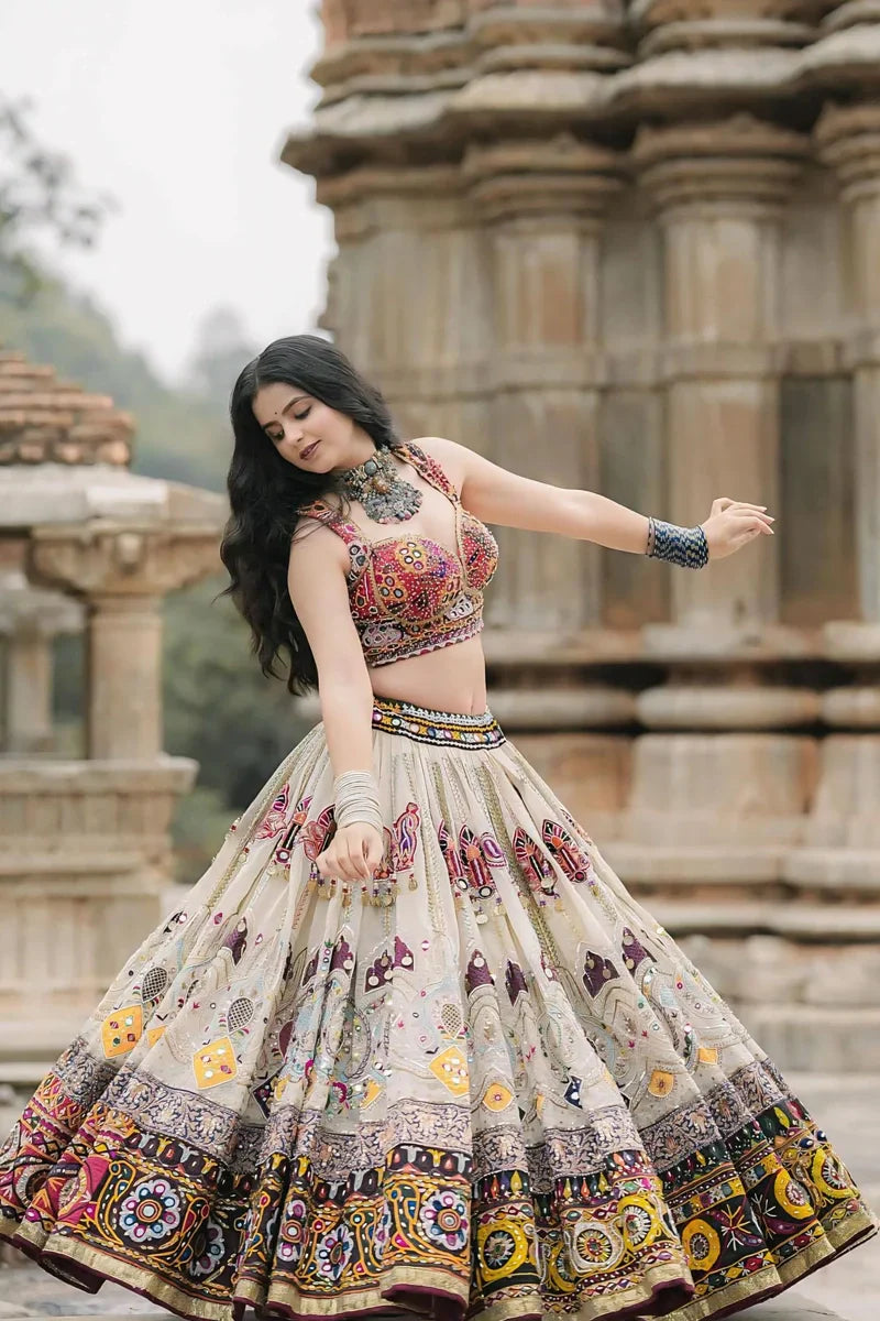 Real Mirror Work Off White Chaniya Choli For Navratri