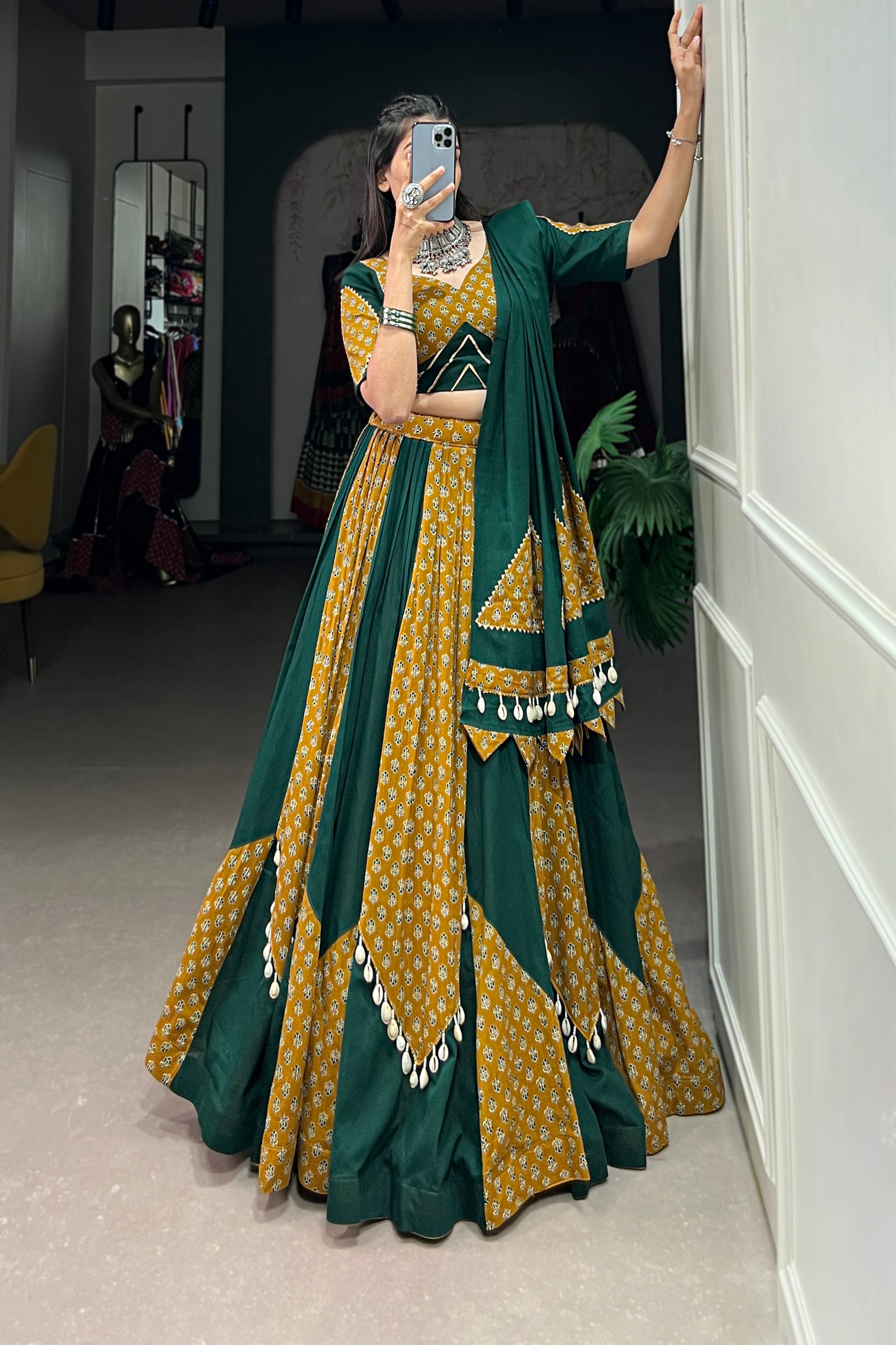 Mustard & Green Cotton Chaniya Choli with Cowrie Lace for Navratri Festival