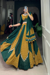 Mustard & Green Cotton Chaniya Choli with Cowrie Lace for Navratri Festival