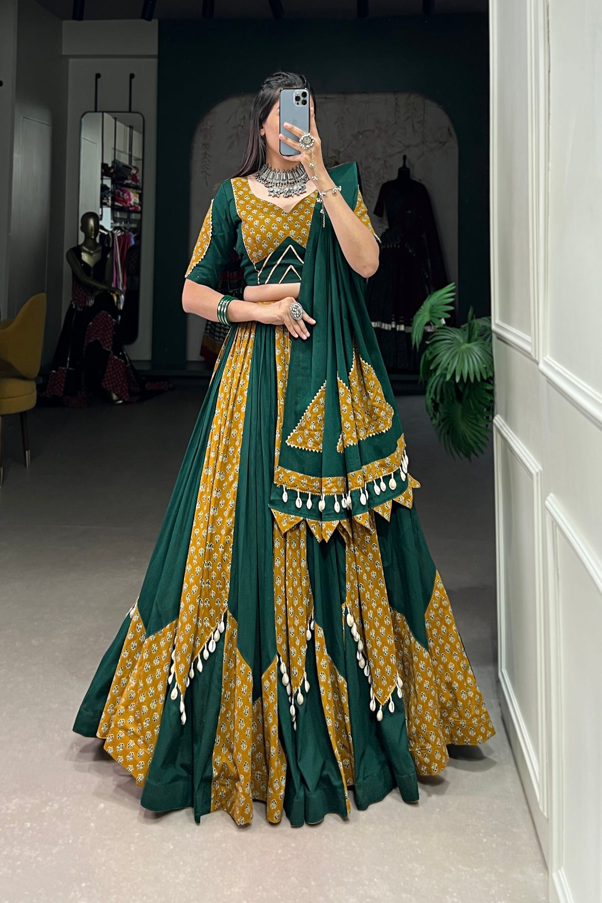 Mustard & Green Cotton Chaniya Choli with Cowrie Lace for Navratri Festival