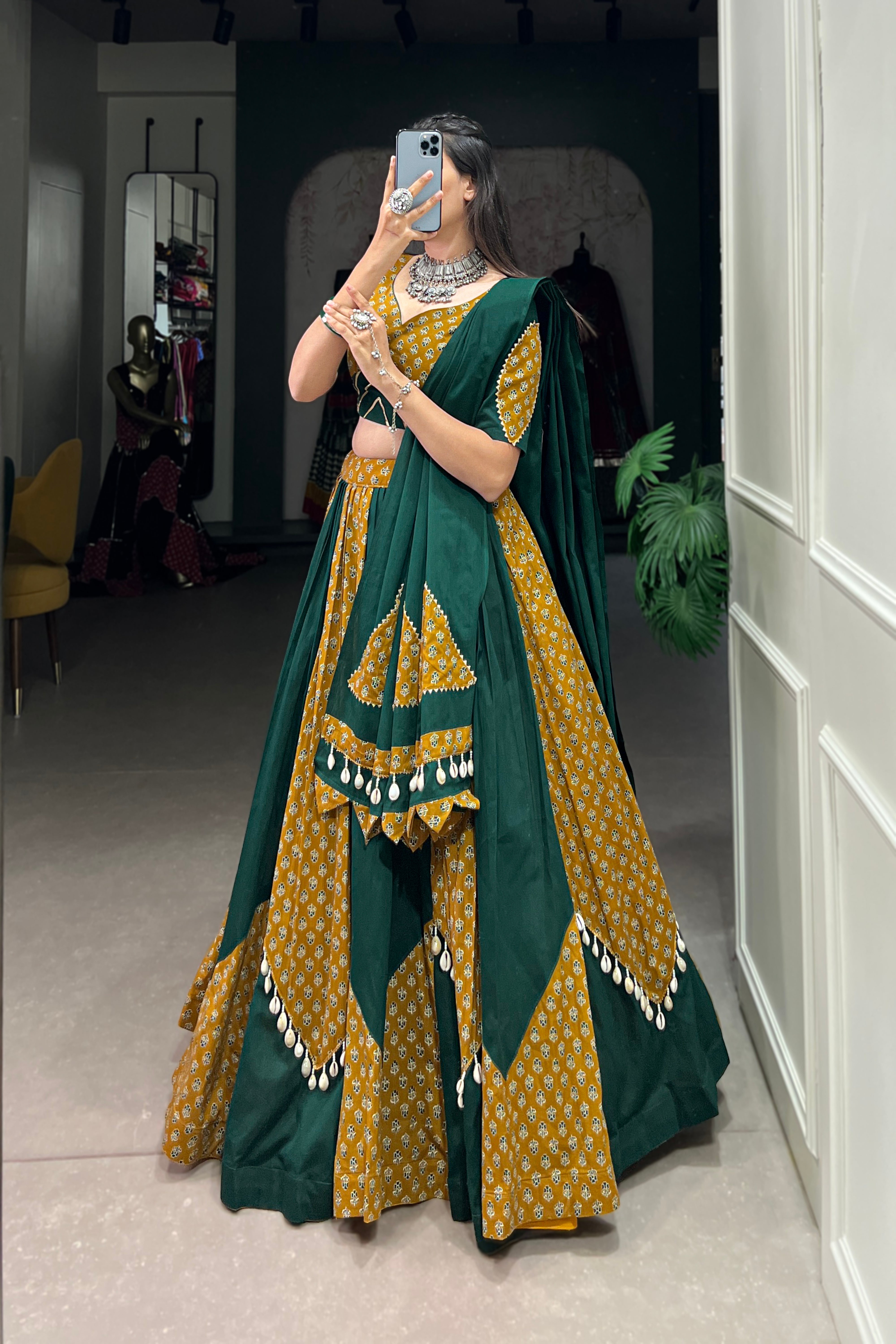 Mustard & Green Cotton Chaniya Choli with Cowrie Lace for Navratri Festival
