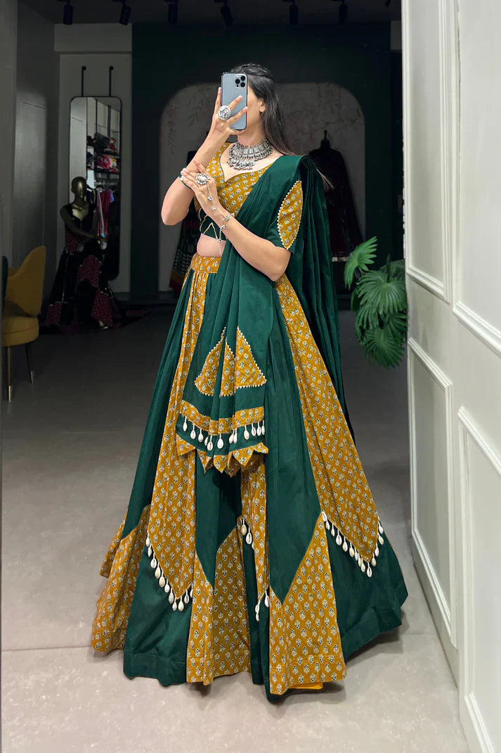 Mustard & Green Pure Cotton Chaniya Choli with Cowrie (Kodi) Lace – Perfect for Navratri Festivities