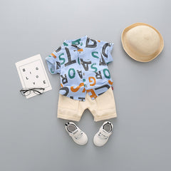 Blue Alphabet Printed Boys Cotton Shirt and Shorts Set – Casual Summer Outfit