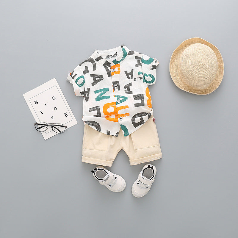 White Alphabet Printed Shirt & Shorts Set – Soft Cotton Kids Outfit for Play and Outings