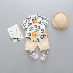 White Alphabet Printed Shirt & Shorts Set – Soft Cotton Kids Outfit for Play and Outings
