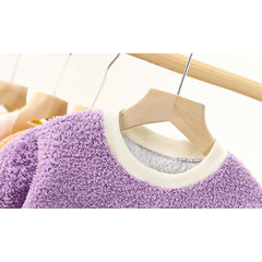 Lavender Happy Bear Girls Fleece Top – Soft Cotton Blend Long Sleeve Shirt