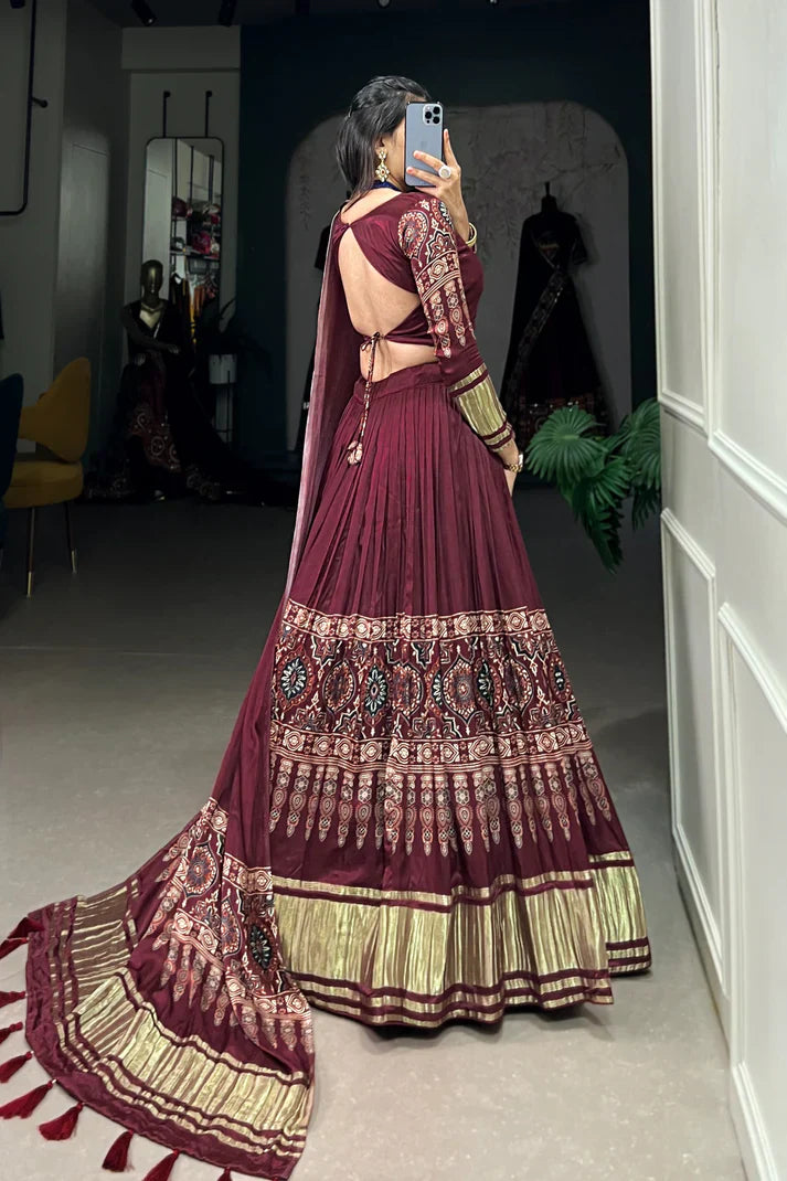 Elegant Gaji Silk Lehenga Set with Digital Print & Lagadi Patta – Stitched Lehenga with Tassel Drawstring