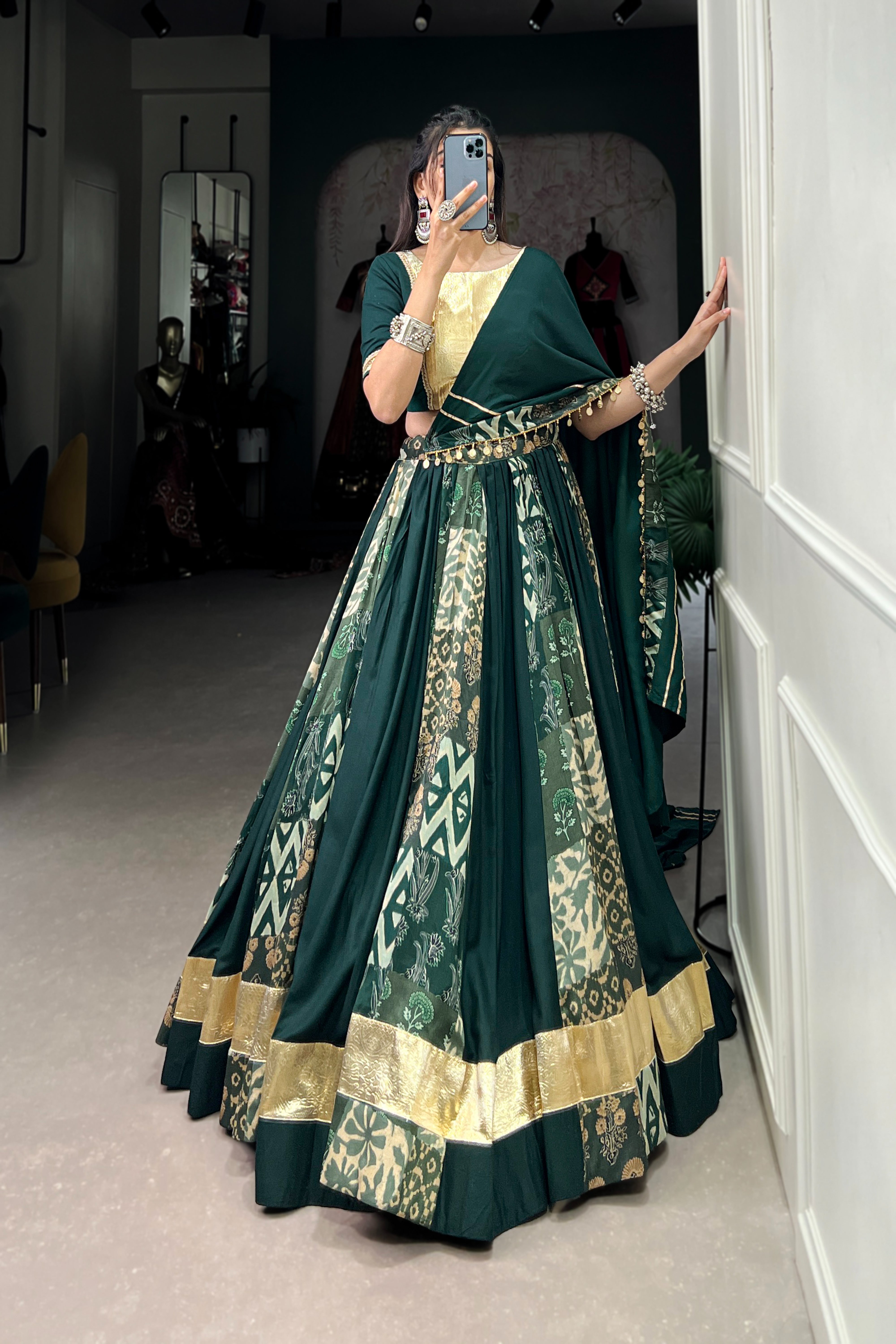 Elegant Rayon & Tussar Silk Lehenga with Gota Lace & Embossed Design | Stitched Lehenga Set