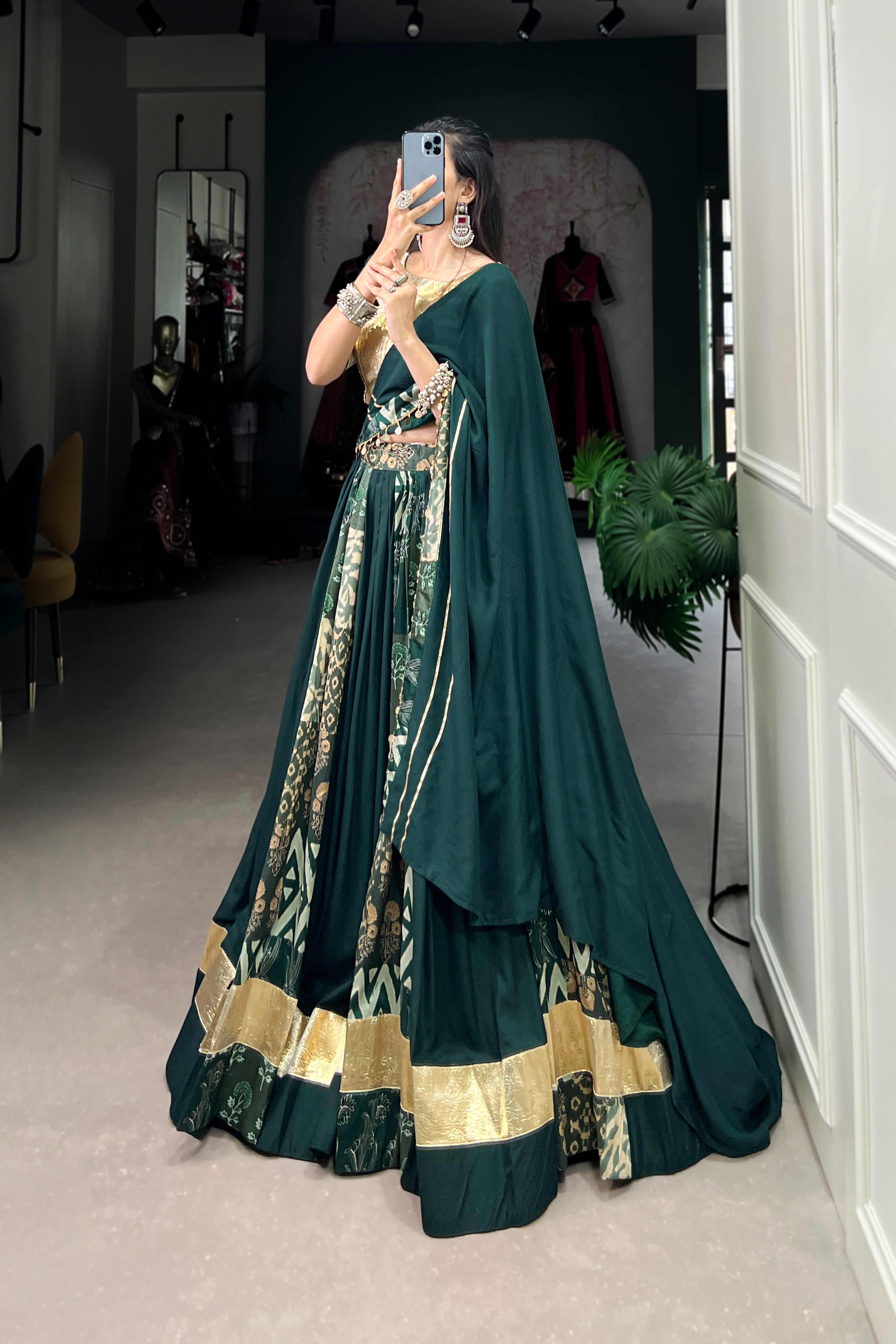 Elegant Rayon & Tussar Silk Lehenga with Gota Lace & Embossed Design | Stitched Lehenga Set