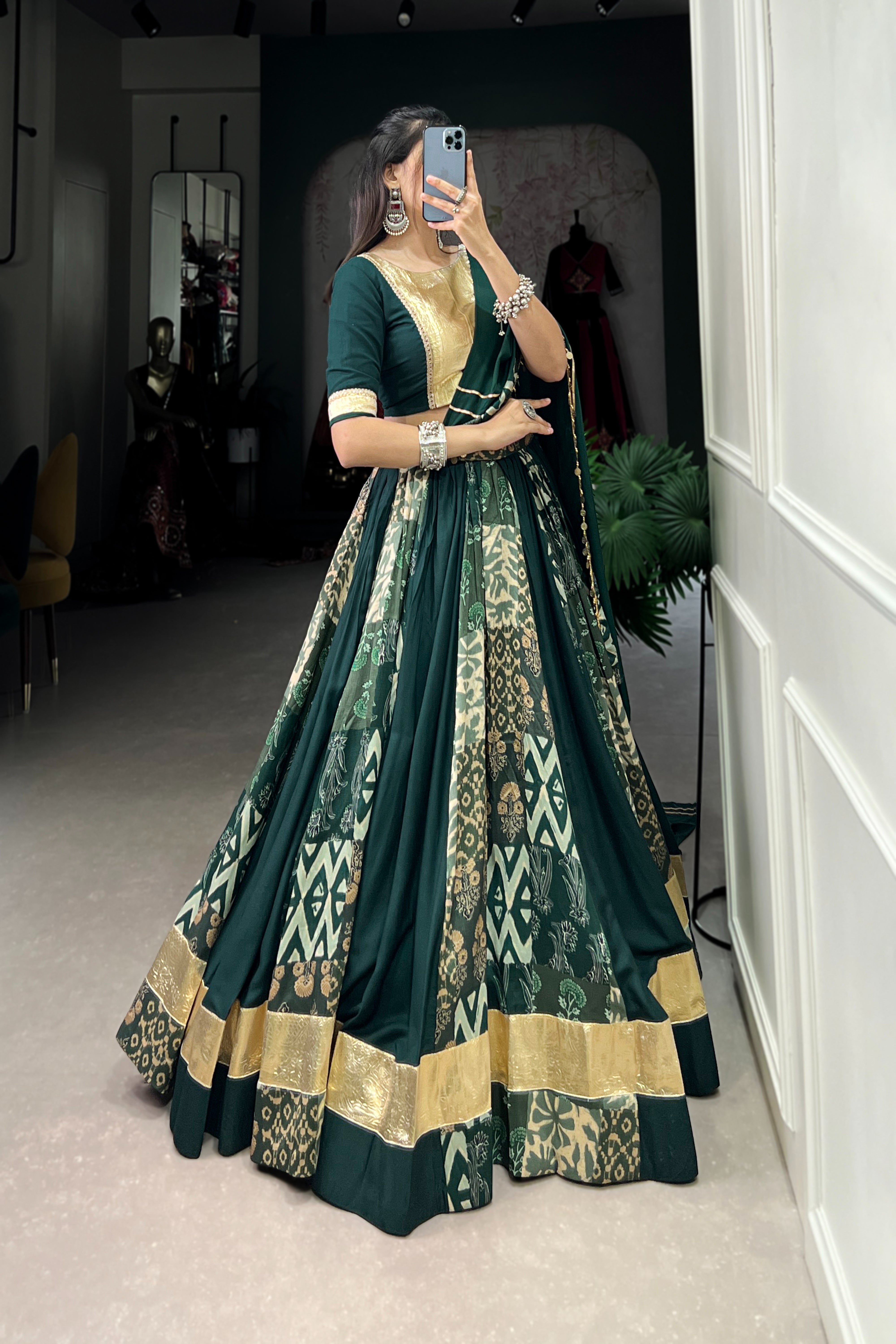 Elegant Rayon & Tussar Silk Lehenga with Gota Lace & Embossed Design | Stitched Lehenga Set