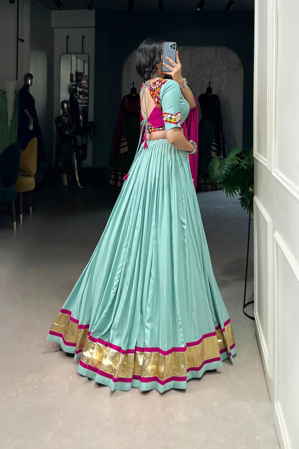 Elegant Pure Rayon Lehenga with Embossed Lace & Mirror Gamthi Work - Full Stitched Set