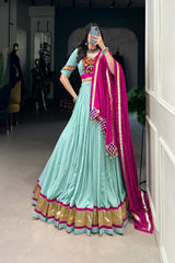 Elegant Pure Rayon Lehenga with Embossed Lace & Mirror Gamthi Work - Full Stitched Set