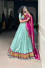 Elegant Pure Rayon Lehenga with Embossed Lace & Mirror Gamthi Work - Full Stitched Set