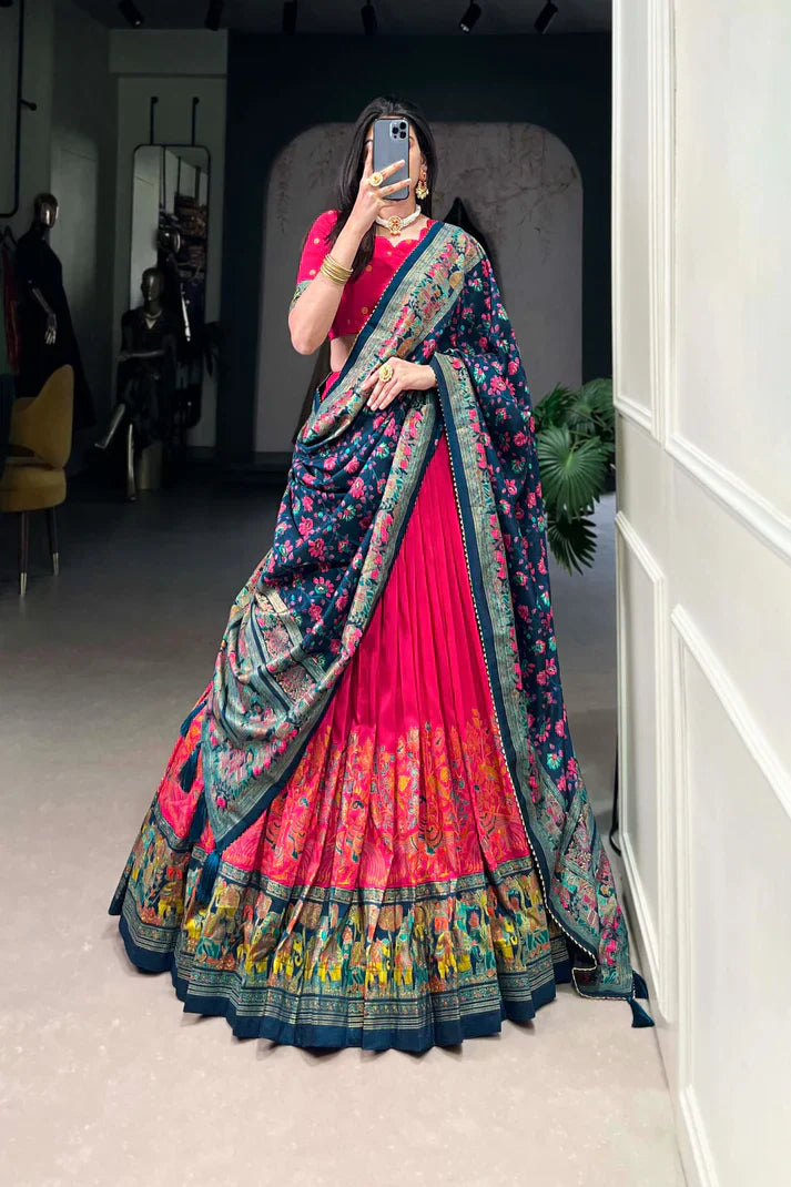 Elegant Tussar Silk Lehenga with Foil Print and Gotta Patti Lace Dupatta