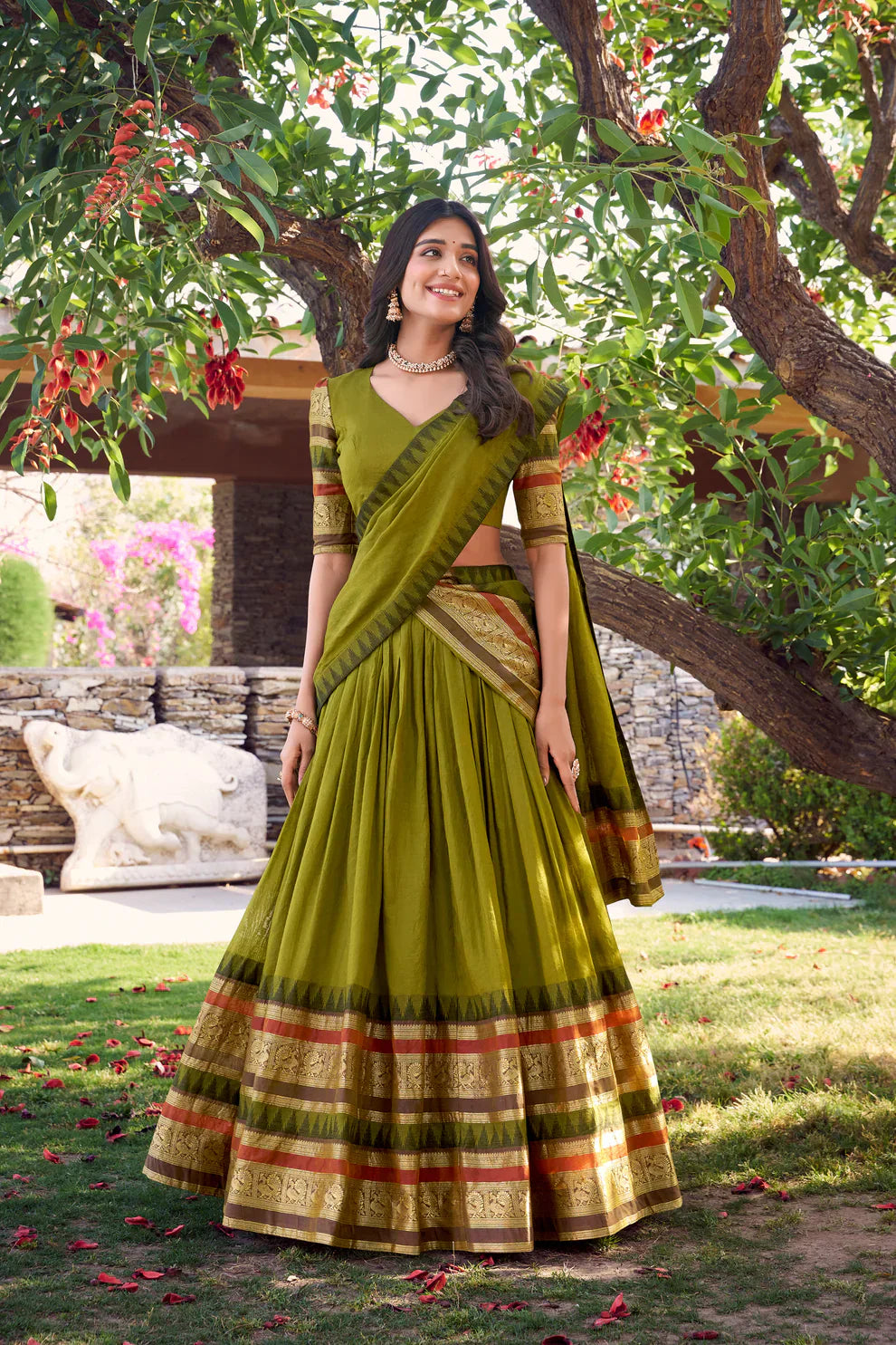 Pure Chanderi Lehenga with Zari Weaving Border – Elegant Ethnic Wear with Matching Dupatta