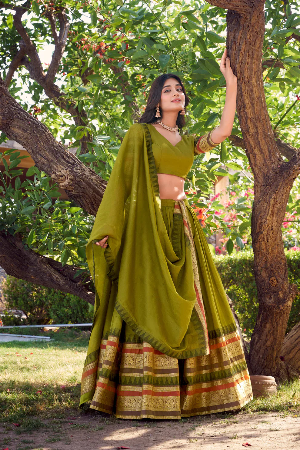 Pure Chanderi Lehenga with Zari Weaving Border – Elegant Ethnic Wear with Matching Dupatta