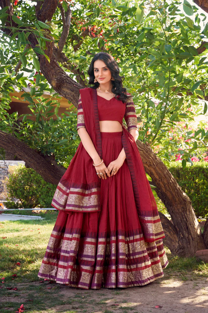 Elegant Pure Chanderi Lehenga with Zari Weaving Border & Matching Dupatta
