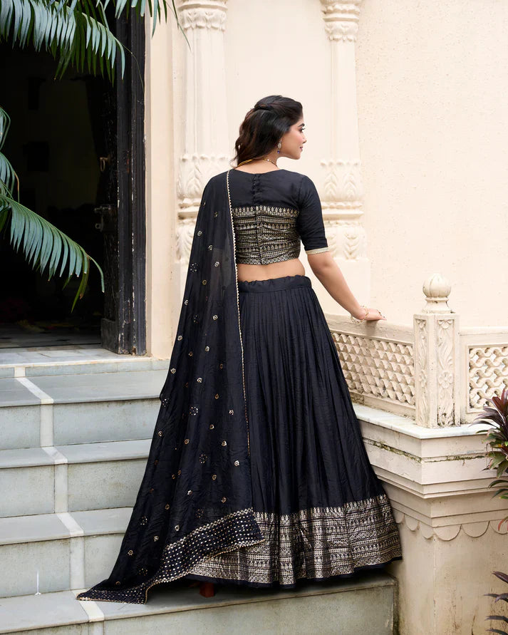 Elegant Festive Pure Chanderi Lehenga with Zari Weaving Border & Sequins Embroidered Dupatta