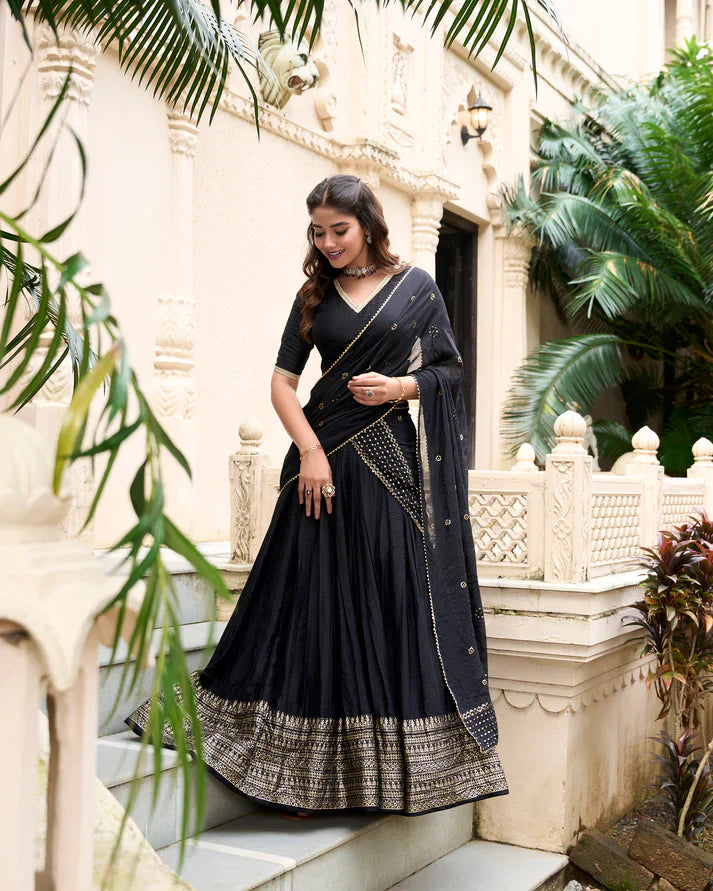 Elegant Festive Pure Chanderi Lehenga with Zari Weaving Border & Sequins Embroidered Dupatta