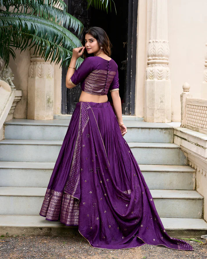 Festive Pure Chanderi Lehenga with Zari Border and Sequined Embroidered Dupatta