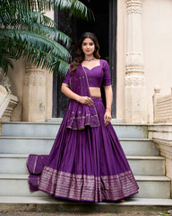 Festive Pure Chanderi Lehenga with Zari Border and Sequined Embroidered Dupatta