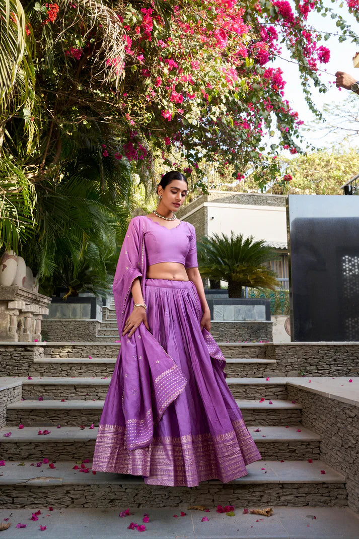 Pure Chanderi Lehenga with Zari Weaving Border & Sequins Embroidered Dupatta – Festive Collection
