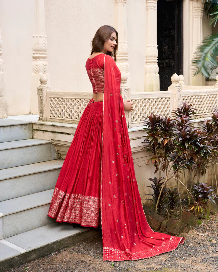 Elegant Pure Chanderi Lehenga with Zari Weaving Border & Sequins Embroidered Dupatta – Festive & Wedding Wear
