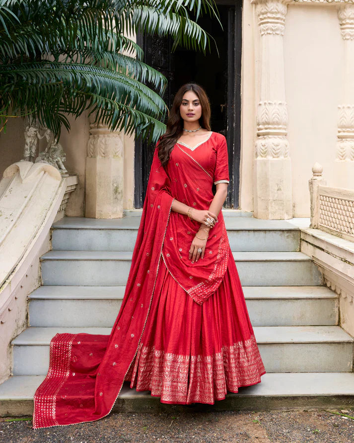 Elegant Pure Chanderi Lehenga with Zari Weaving Border & Sequins Embroidered Dupatta – Festive & Wedding Wear