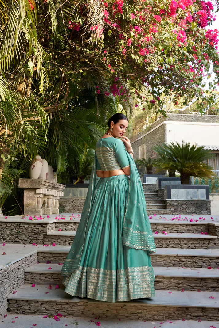 Elegant Pure Chanderi Lehenga with Zari Weaving Border & Sequins Embroidered Dupatta
