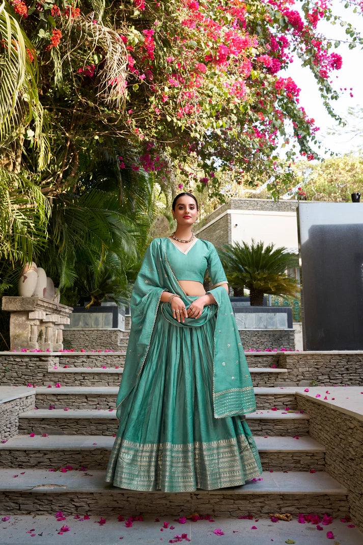 Elegant Pure Chanderi Lehenga with Zari Weaving Border & Sequins Embroidered Dupatta