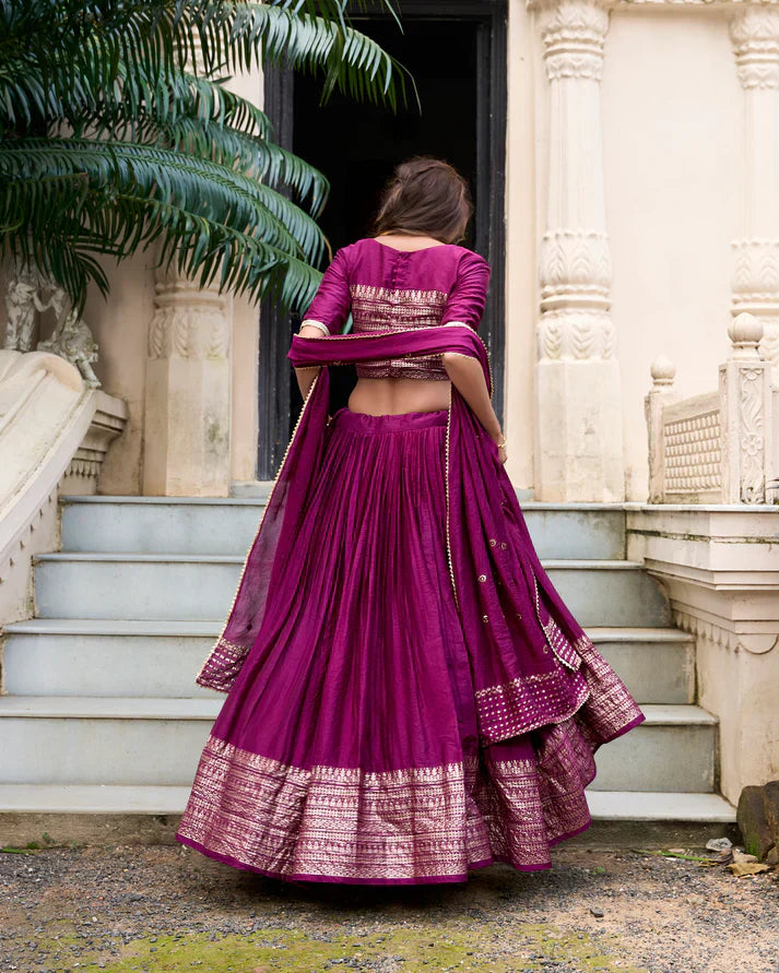 Pure Chanderi Lehenga with Zari Weaving Border & Sequins Embroidered Dupatta | Elegant Festive Wear