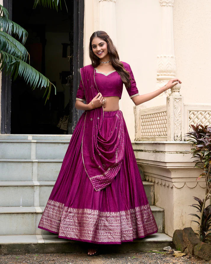 Pure Chanderi Lehenga with Zari Weaving Border & Sequins Embroidered Dupatta | Elegant Festive Wear