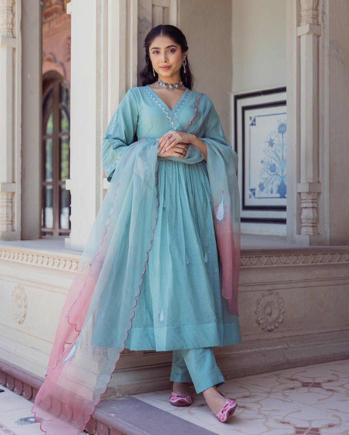 Blushing Green Embroidered Chanderi Suit Set