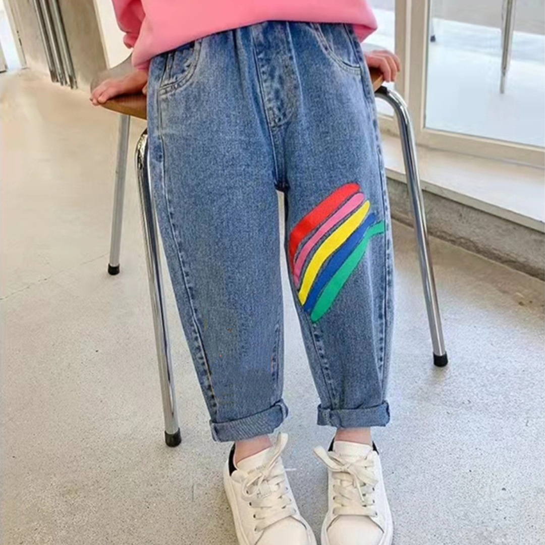 Vibrant Rainbow Denim Jeans for Girls – Soft Cotton Blend Kids Wear