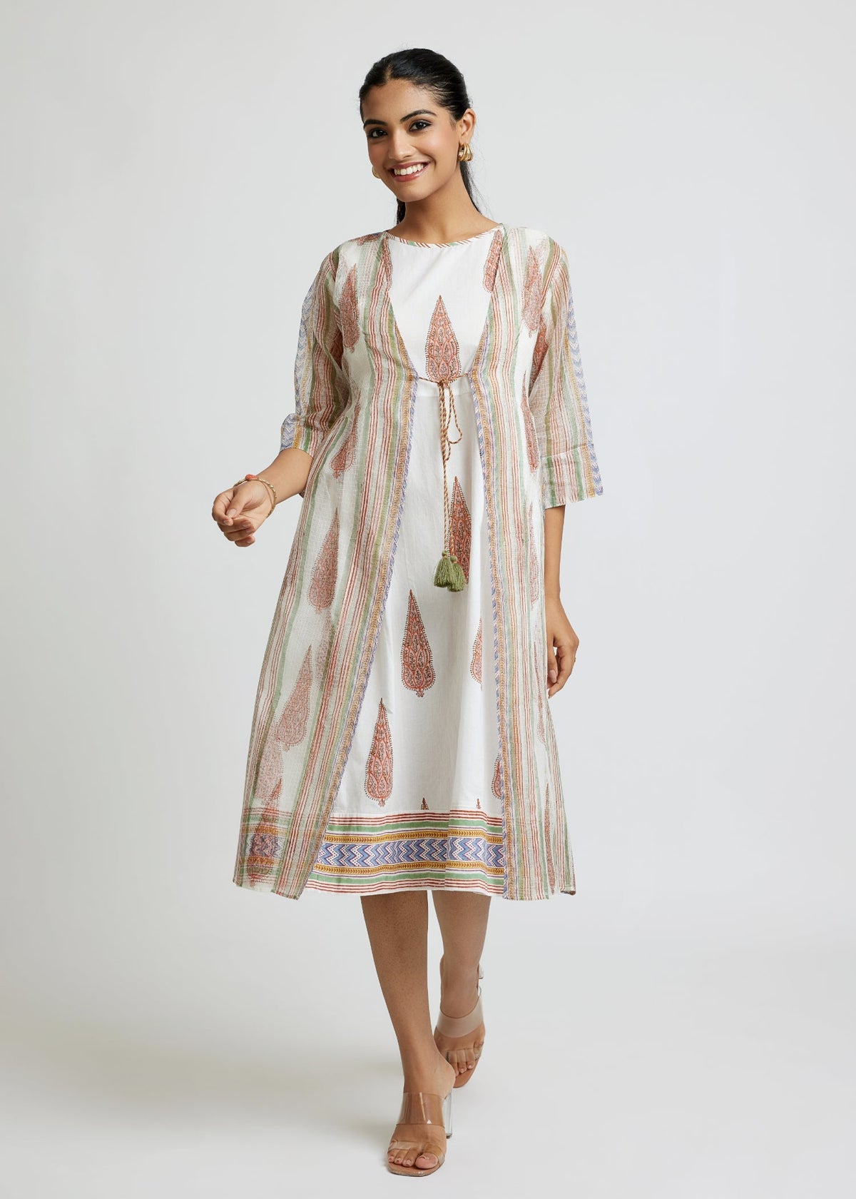 Elegant Shrug Dress with Heritage Prints and Kota Doria Overlay