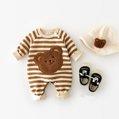 Cozy Striped Teddy Bear Baby Romper for Boys and Girls – Cotton Blend