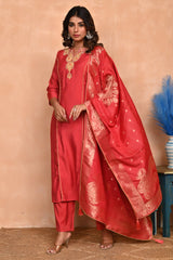 Rusty Red Embroidered A-Line Chanderi Silk Salwar Suit with Delicate Patchwork Detailing