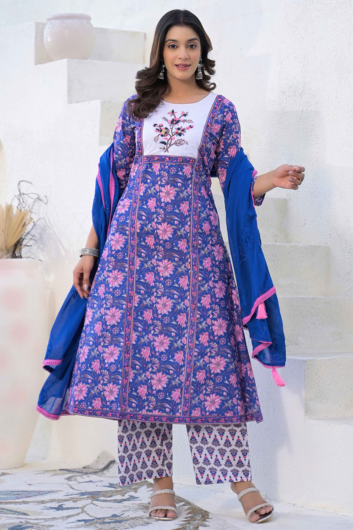 Blue Pure Cotton Salwar Suit with Floral Prints and Embroidered Neck