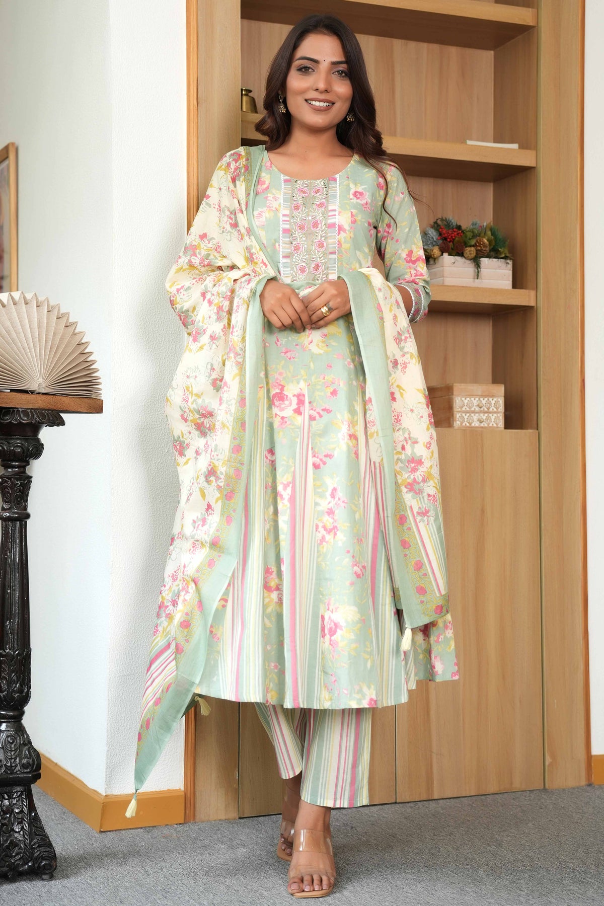 Floral Printed Pista Green Pure Cotton A-Line Salwar Suit with Intricate Handwork
