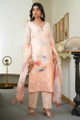 Graceful Light Orange Straight Salwar Suit with Floral Prints on Cotton Jacquard Fabric