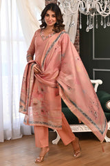 Elegant Dark Peach Linen Jacquard Salwar Suit with Floral Prints & Shimmer