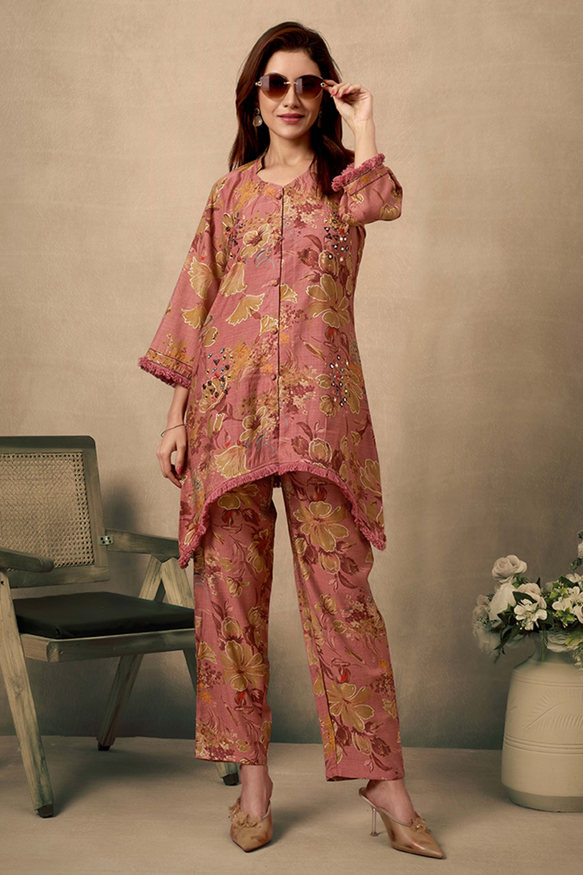 Dark Mauve Cotton Co-Ord Set with Mirror Work & Floral Prints – Elegant & Comfortable