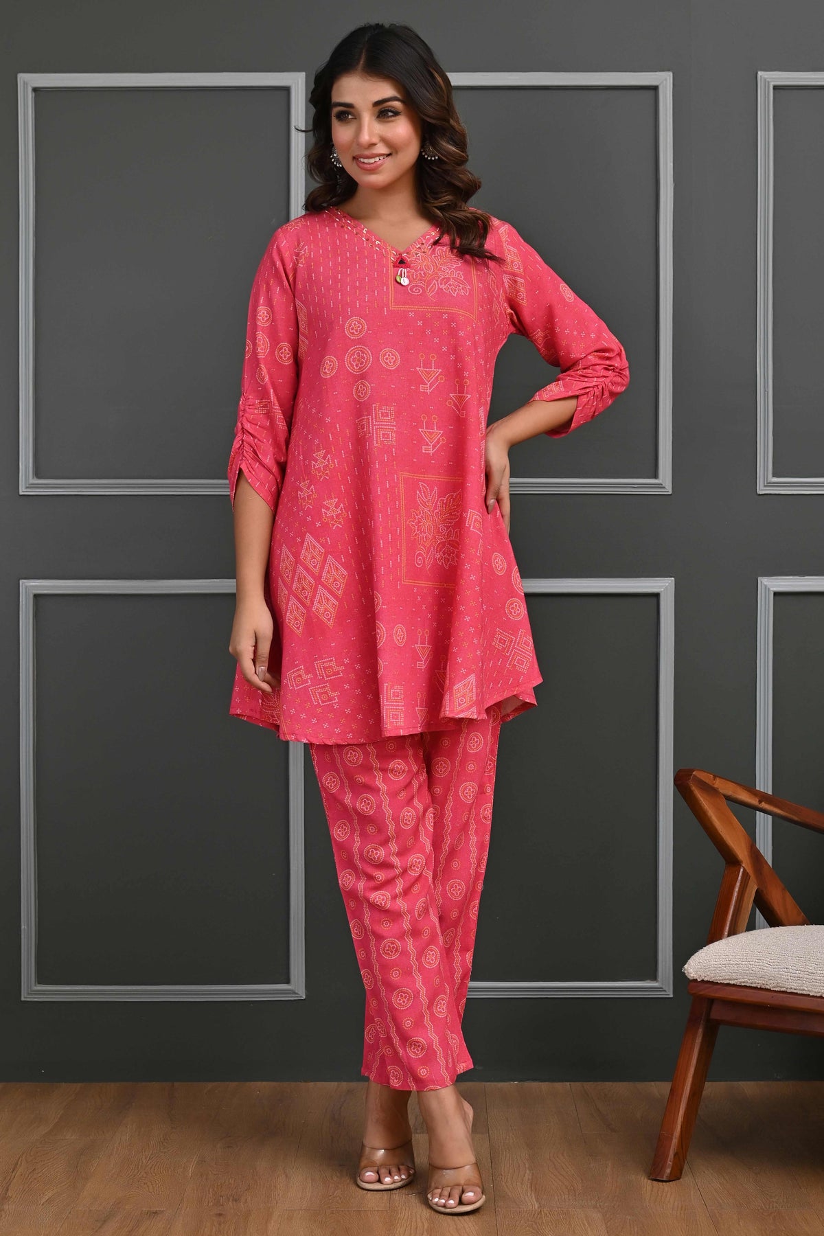 Rani Pink Bandhani Print Co-Ord Set with Sequined Neck – Lightweight & Stylish Festive Wear