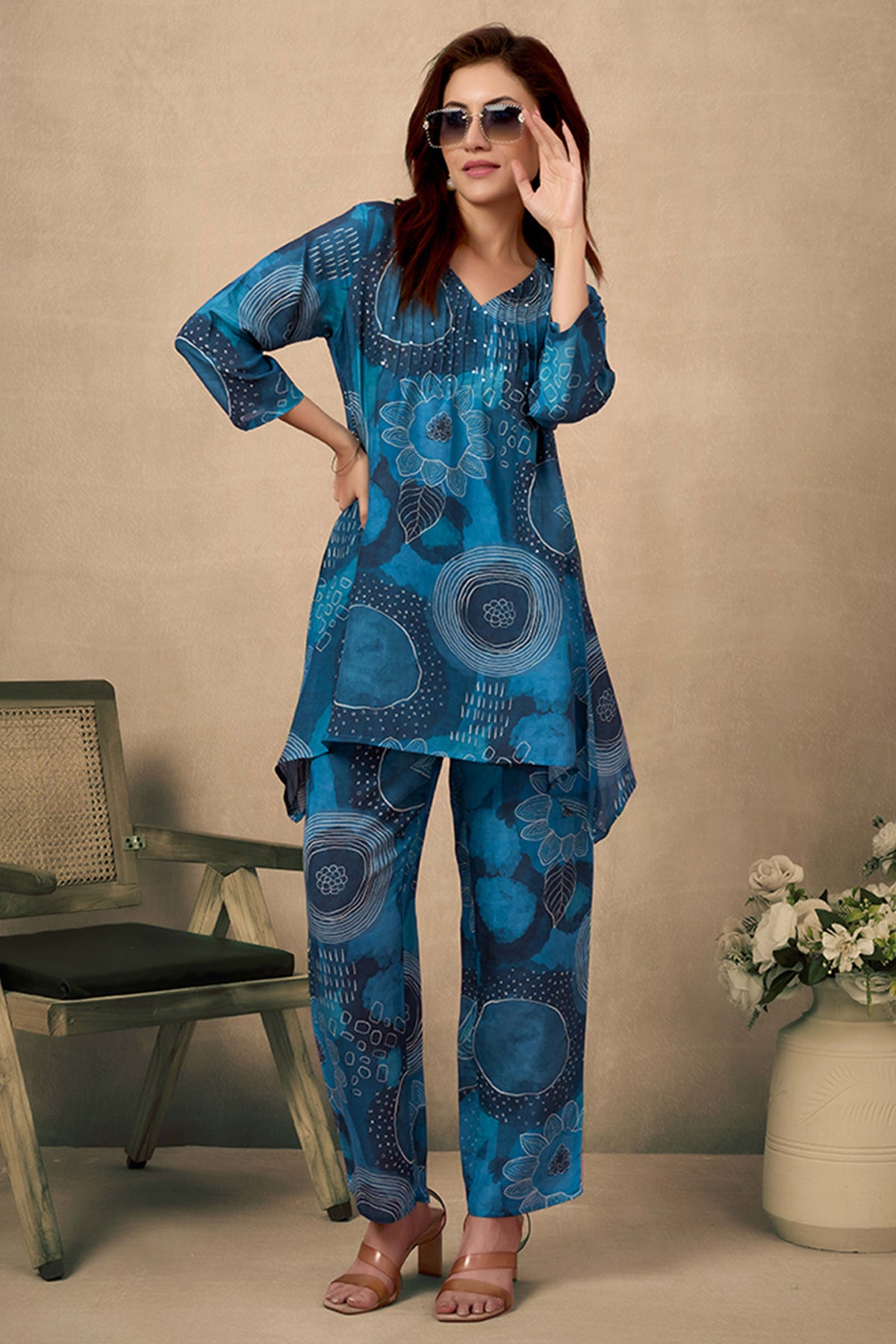 Teal Floral Print Muslin Suit with Sequins Detail – Top & Bottom