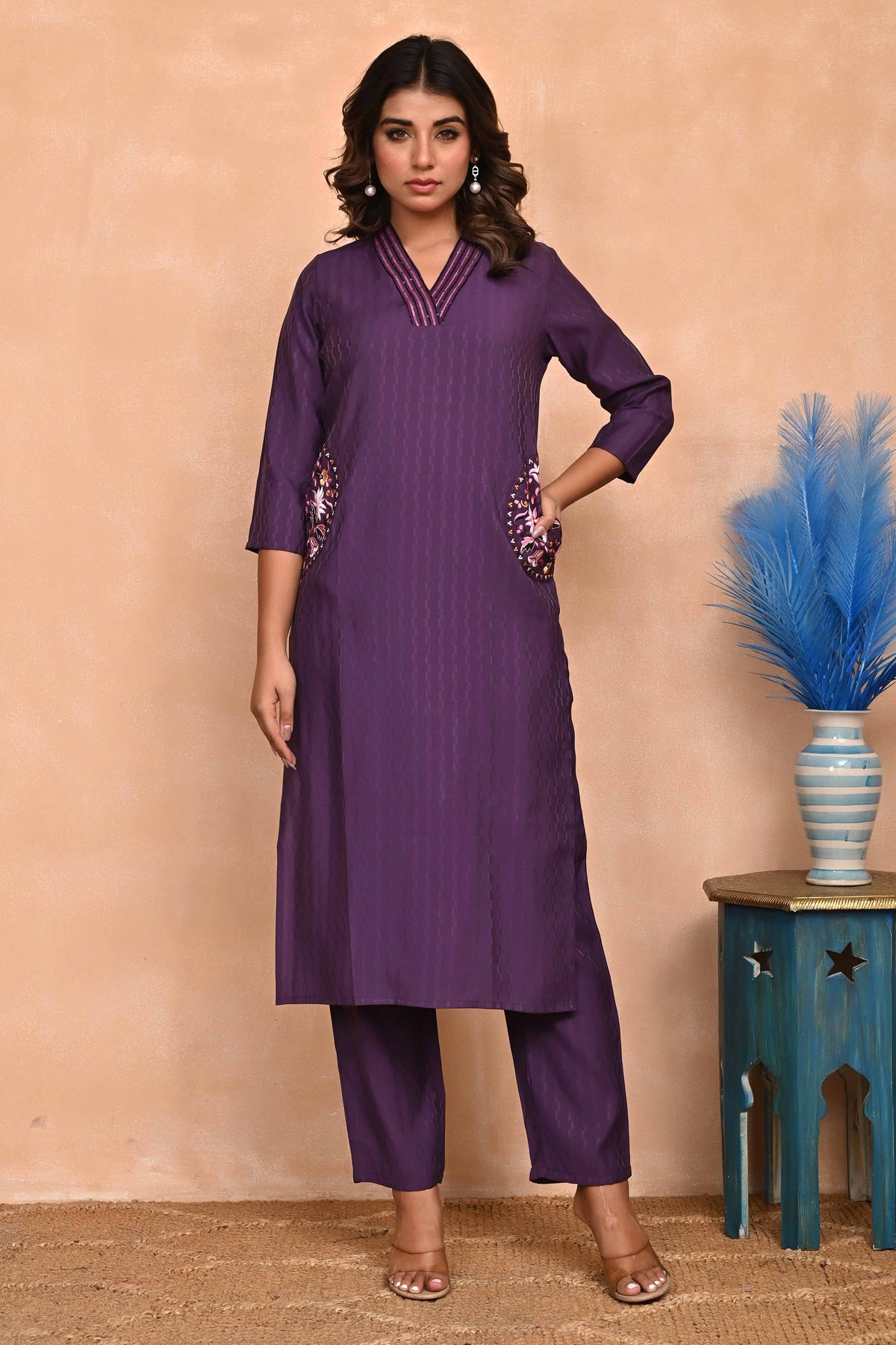 Wine-Colored Poly Viscose Co-Ord Set with Thread Embroidery & Sequin Work – Elegant & Comfortable Wear