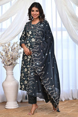 Dark Teal Blue Floral Printed Salwar Suit Adorned With Delicate Sequin Work On Pure Cotton